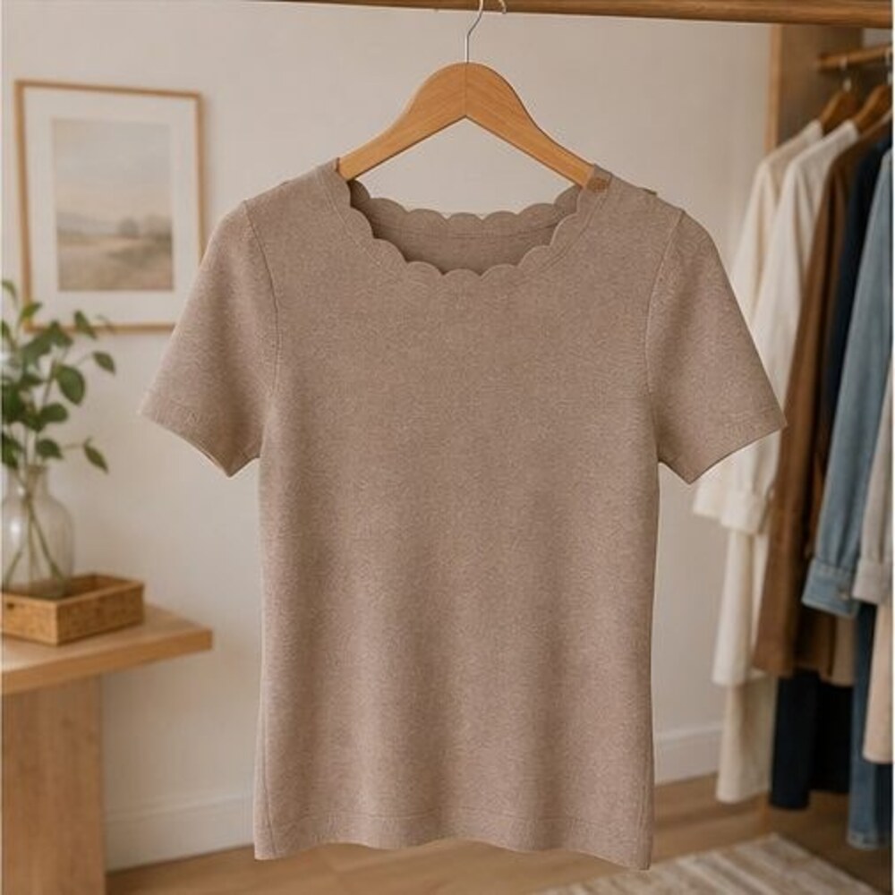 Taupe Scallop Neck Knit Top